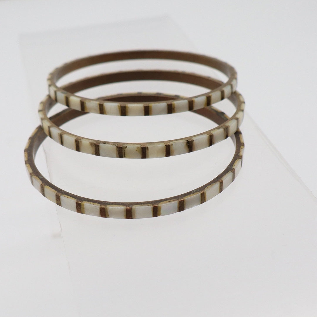 Vintage Brass Mother of Pearl Inlaid Bangle Bracelet Set of 3 Iridescent Boho