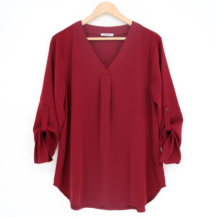 Youtalia Blouse Womens Large Red Roll Tab Sleeve Curved Hem V Neck Pullover