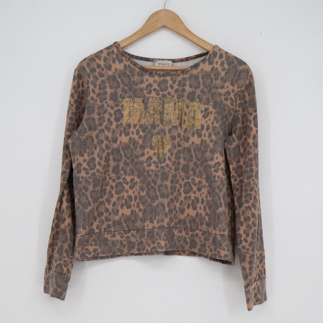 btween Womens Mama Leopard Print Sweatshirt Brown Gold Glitter Size S