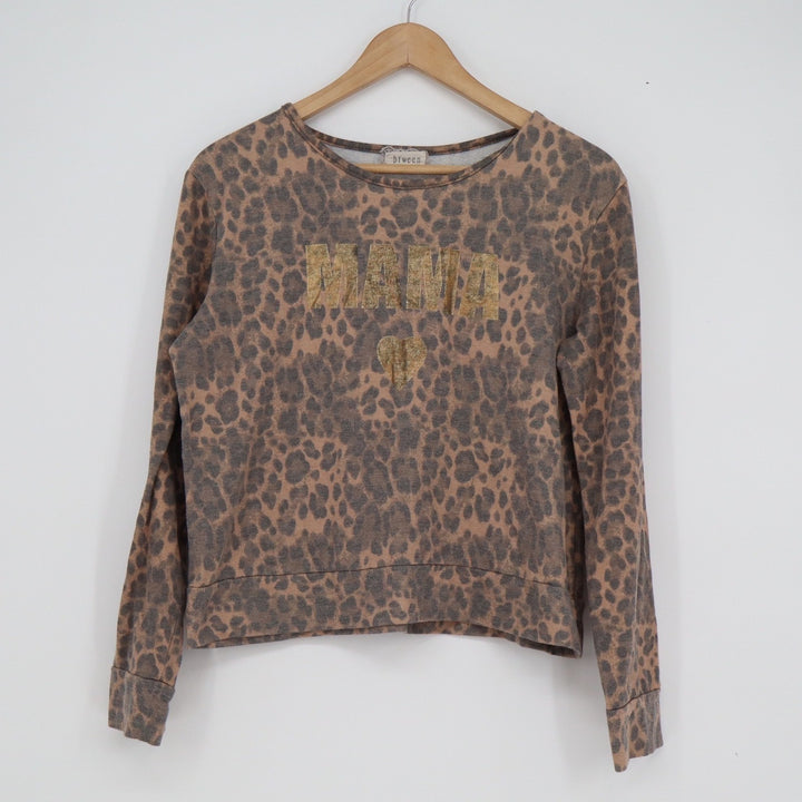 btween Womens Mama Leopard Print Sweatshirt Brown Gold Glitter Size S