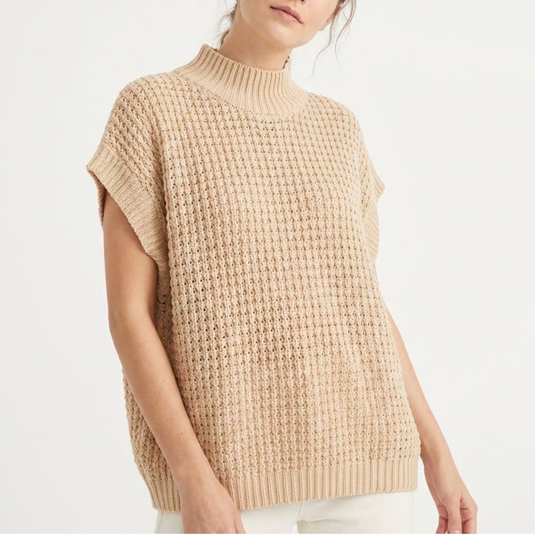 Unbranded Beige Chunky Open Knit Mock Neck Oversized Sweater Vest 7905