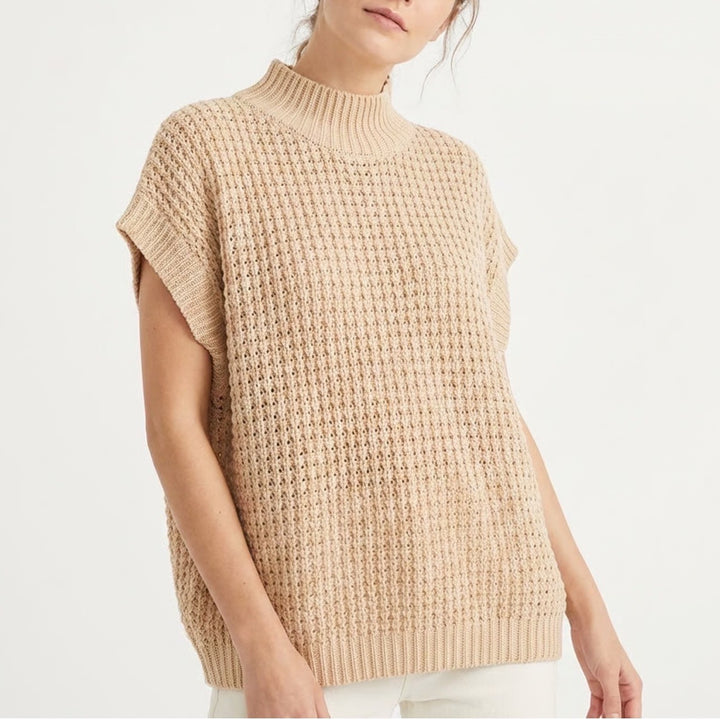 Unbranded Beige Chunky Open Knit Mock Neck Oversized Sweater Vest 7905