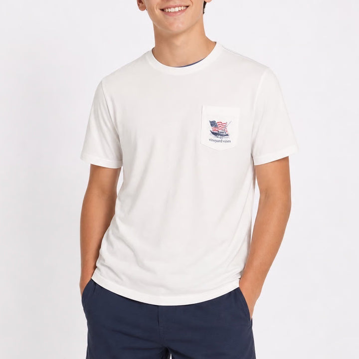 Vineyard Vines Boys White American Flag Boat Pocket T-Shirt Size M 12-14