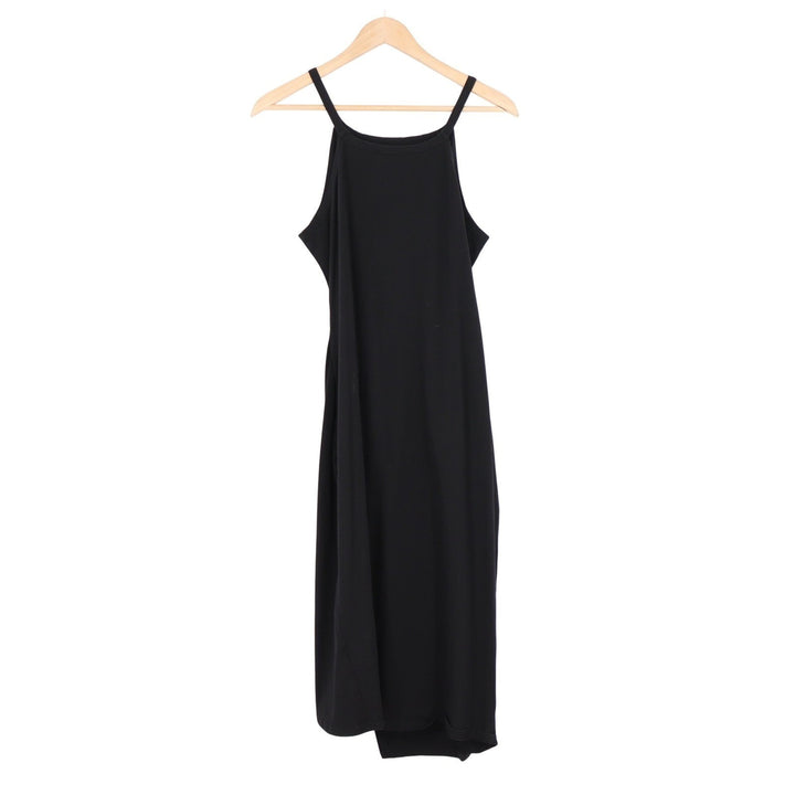 Fashion Black Wrap Front Midi Dress High Neck Sleeveless Side Tie Size L