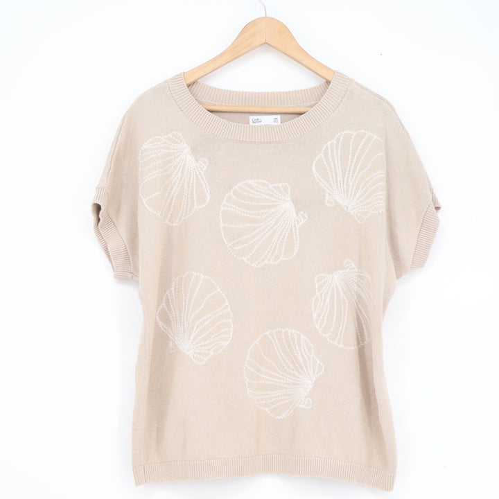 Croft & Barrow Womens XXL Beige Cotton Short Sleeve Seashell Knit Sweater Top