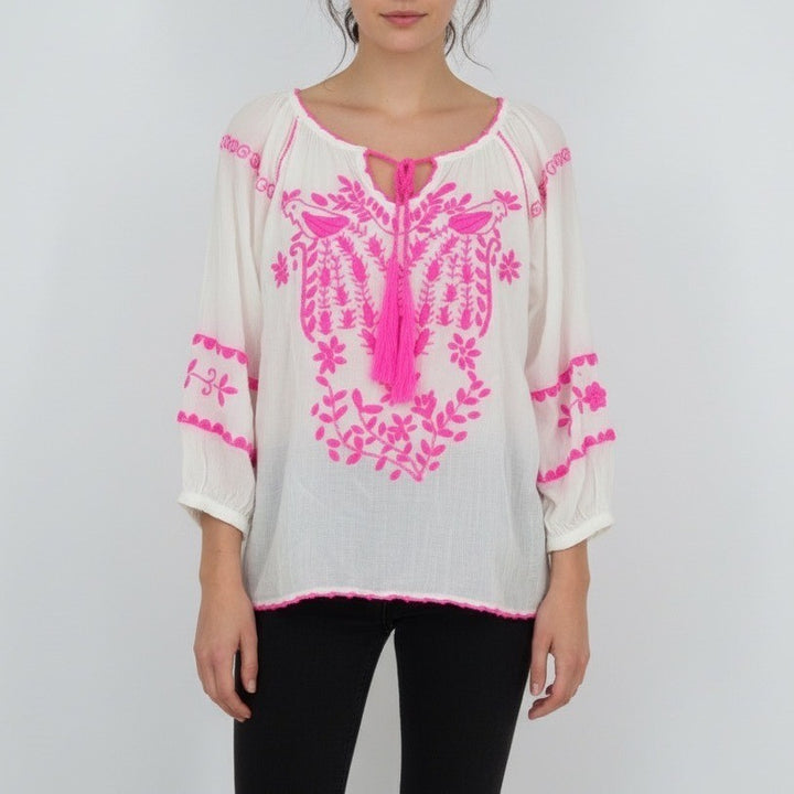 White Boho Embroidered Tassel Tie Neck Tunic Top Pink Birds