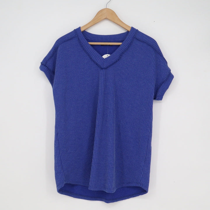 Heimish USA Royal Blue Ribbed V-Neck Short Sleeve Top Small NEW