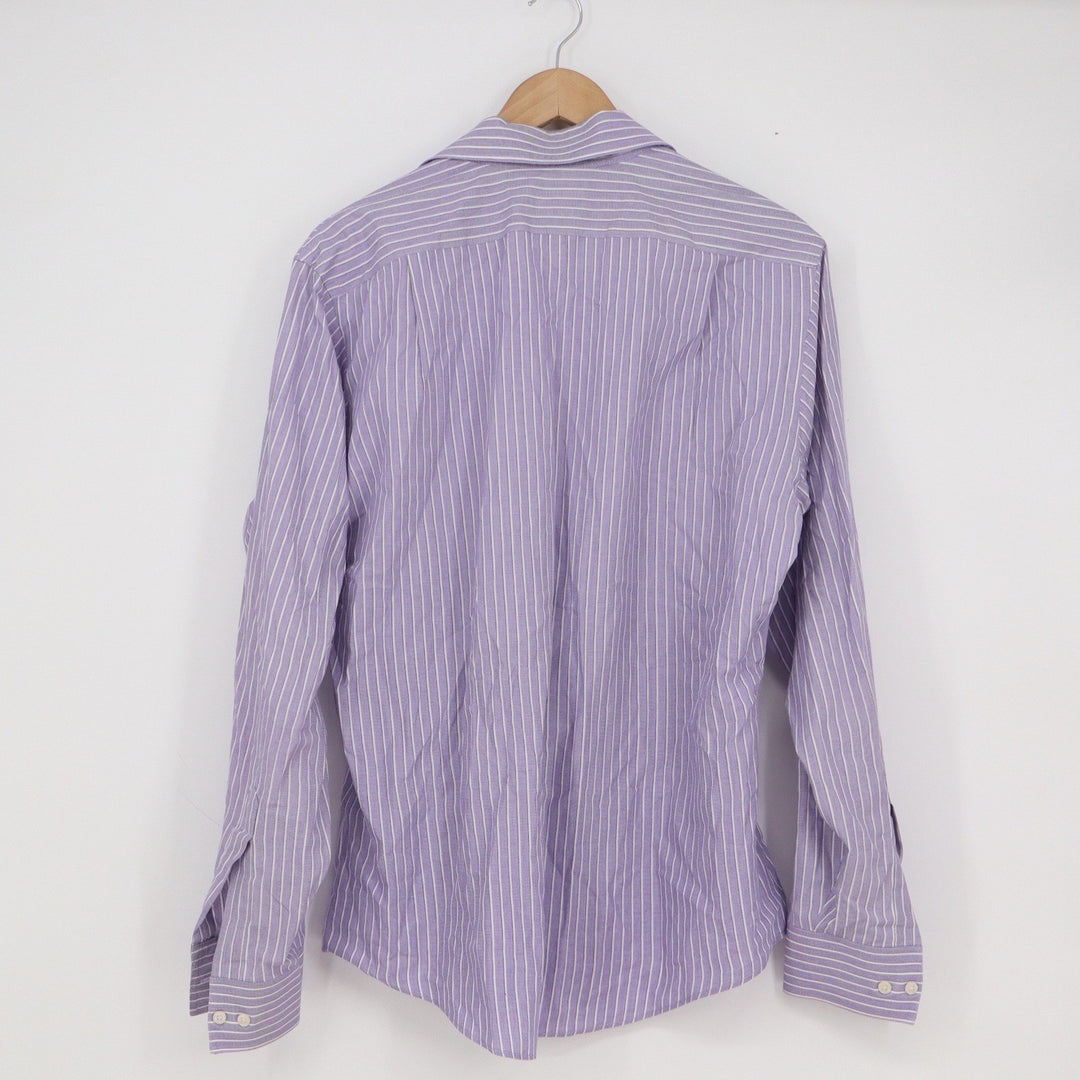 Van Heusen Mens Fitted Dress Shirt Purple White Stripe Wrinkle Free 15.5 34/35 M