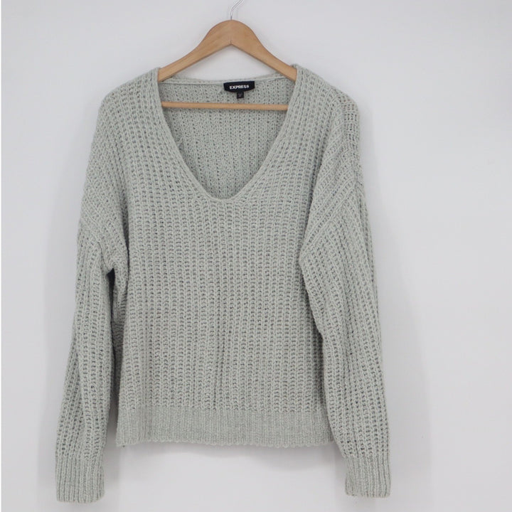 Express Womens Sage Green Chenille V-Neck Textured Knit Sweater Size S
