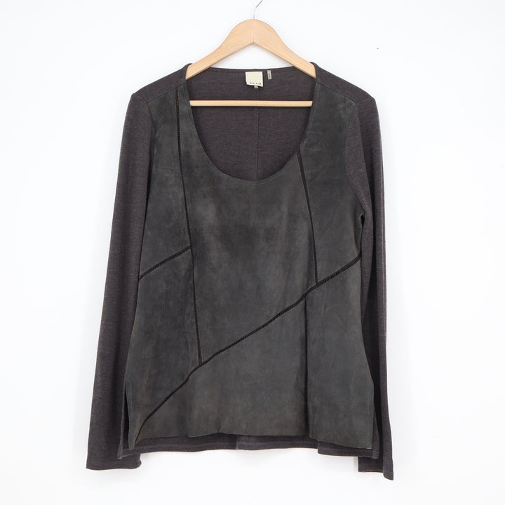 Ecru Womens Mixed Media Faux Suede Long Sleeve Top Charcoal Grey Size M