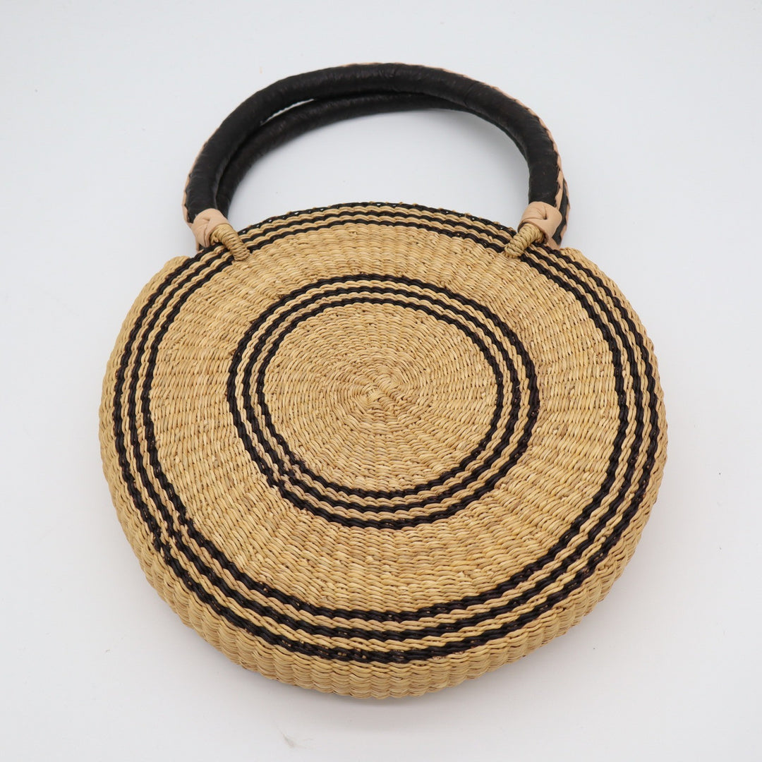 Handwoven Round Straw Tote Bag Leather Handles Boho Circle Basket Bag JCA120