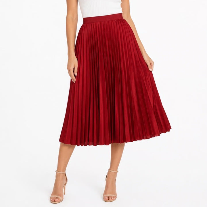 Jaclyn Smith Red Pleated Midi Skirt Elastic Waist Satin Finish Size Large L
