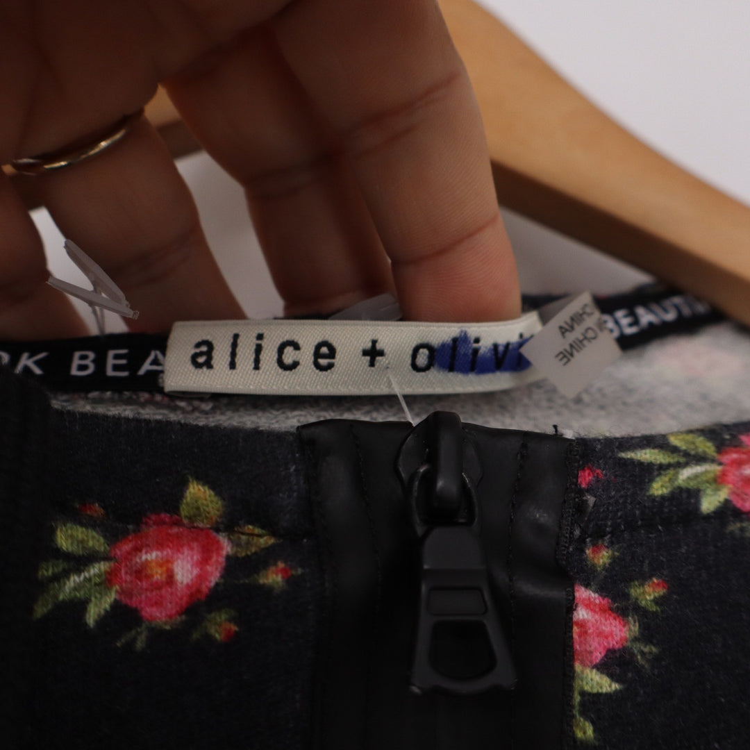 Alice + Olivia Floral Rose Half Zip Hoodie Sweatshirt Black Large