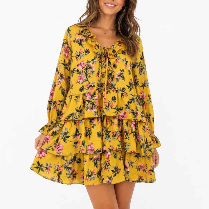 Avec Les Filles Yellow Floral Ruffle Tiered Mini Dress Size 14 Long Sleeve