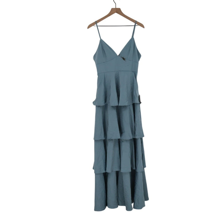 Lulus Going with Elegance Gown Dress Womens M Slate Blue Satin Tiered Back Zip