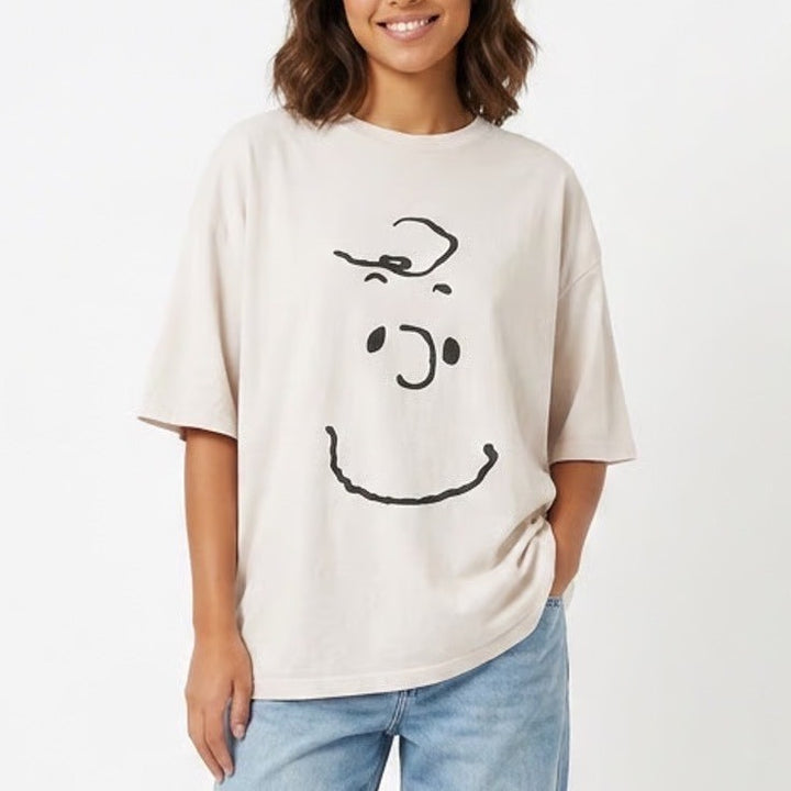 XMZC Charlie Brown Face Graphic T-Shirt White Cotton Short Sleeve Peanuts Men M