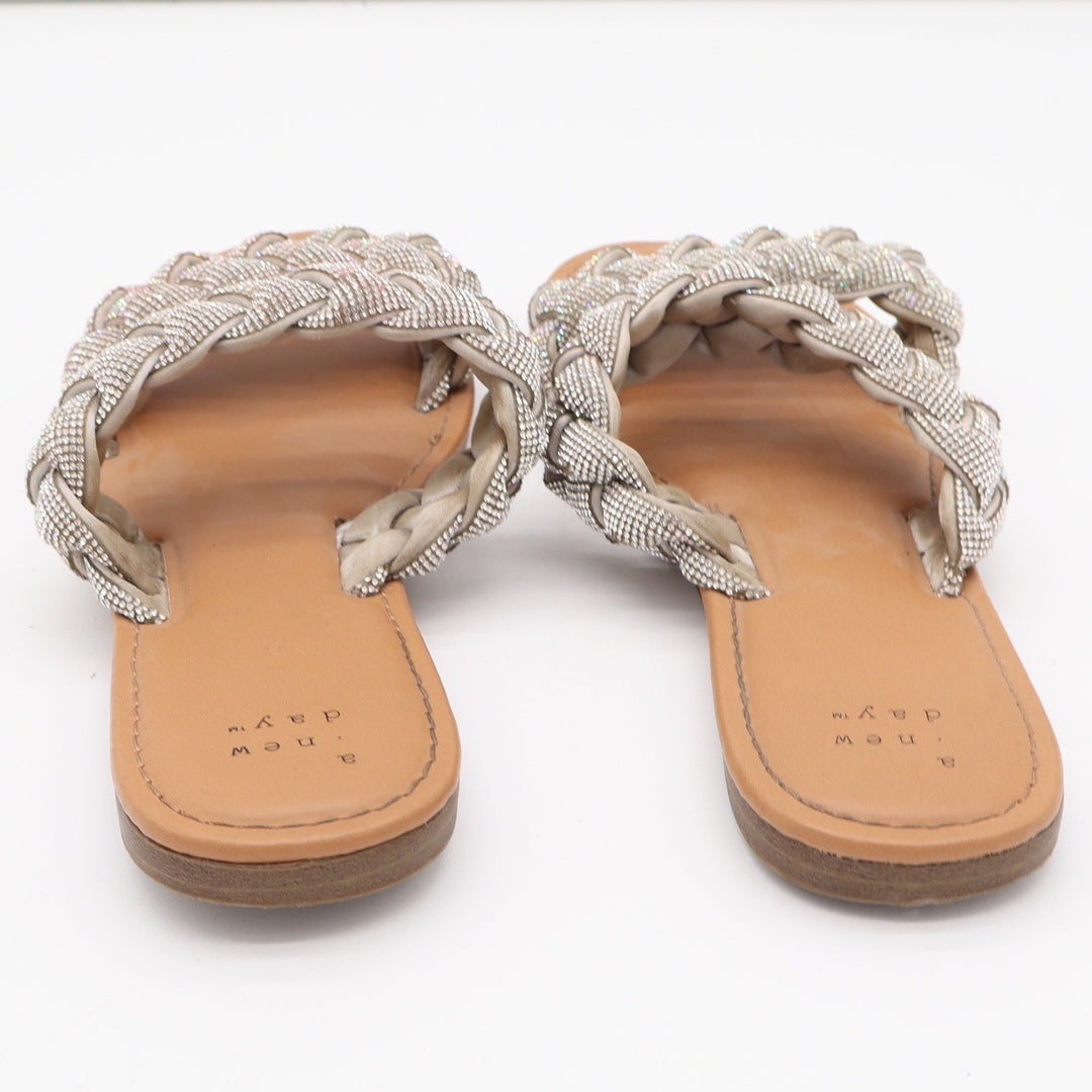 A New Day Slide Sandals Womens 8 Braided Rhinestone Silver Tan Flat Excellent