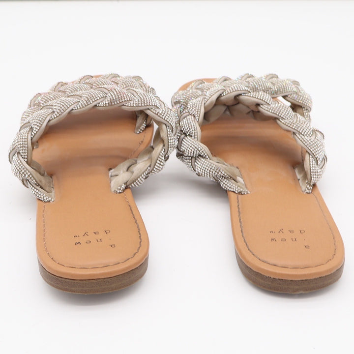 A New Day Slide Sandals Womens 8 Braided Rhinestone Silver Tan Flat Excellent
