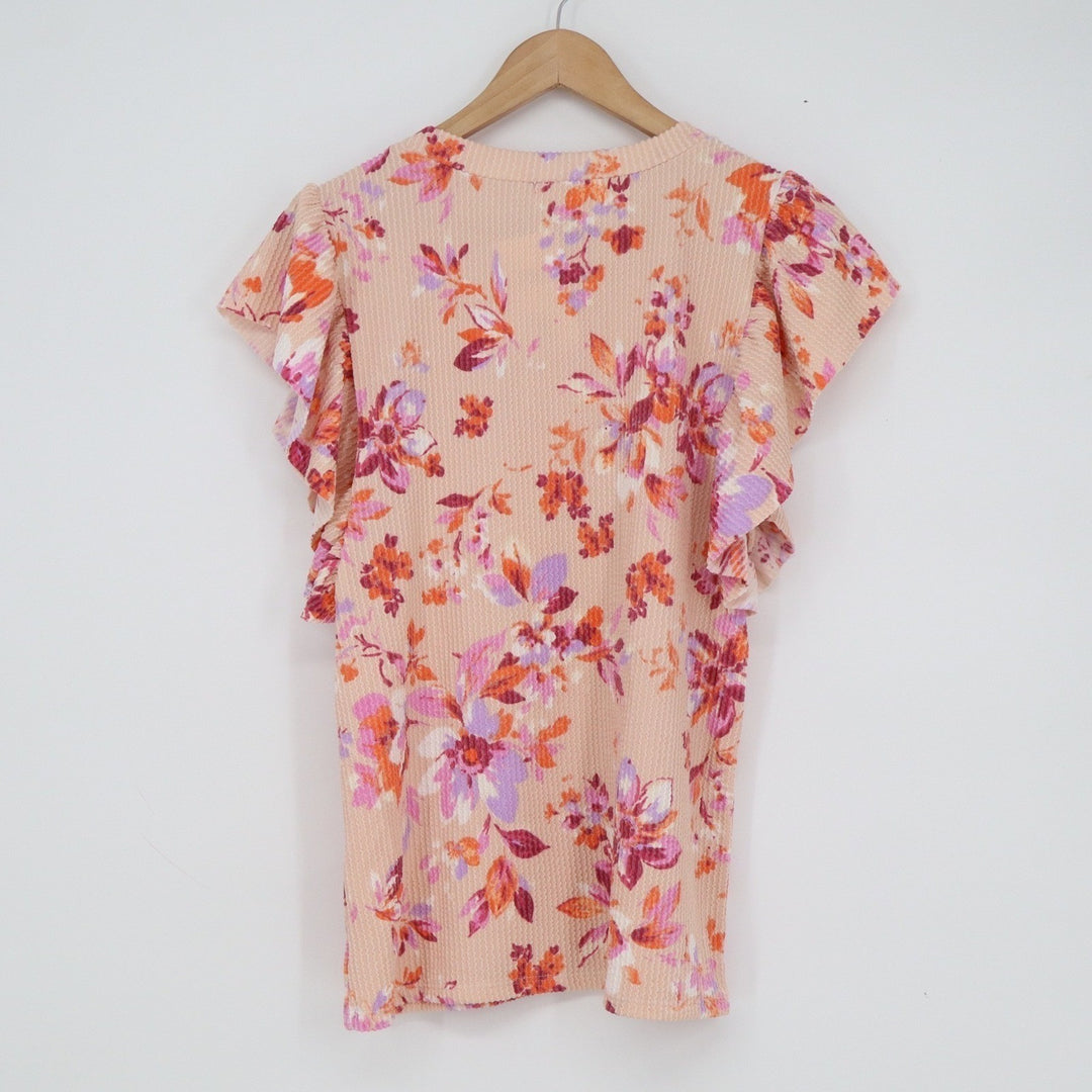 Lovely Melody Past Life Urban Rib Top Pink Floral Flutter Sleeve Small
