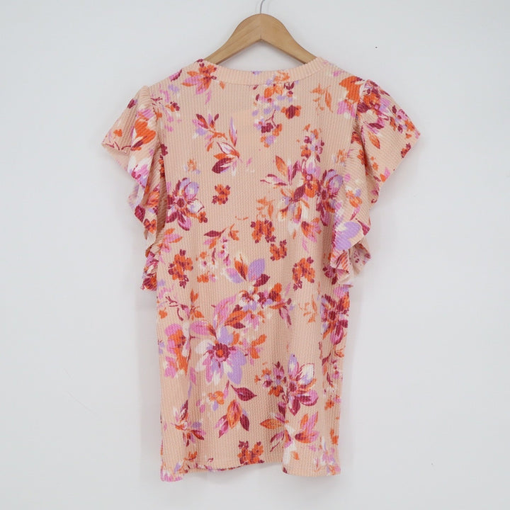 Lovely Melody Past Life Urban Rib Top Pink Floral Flutter Sleeve Small