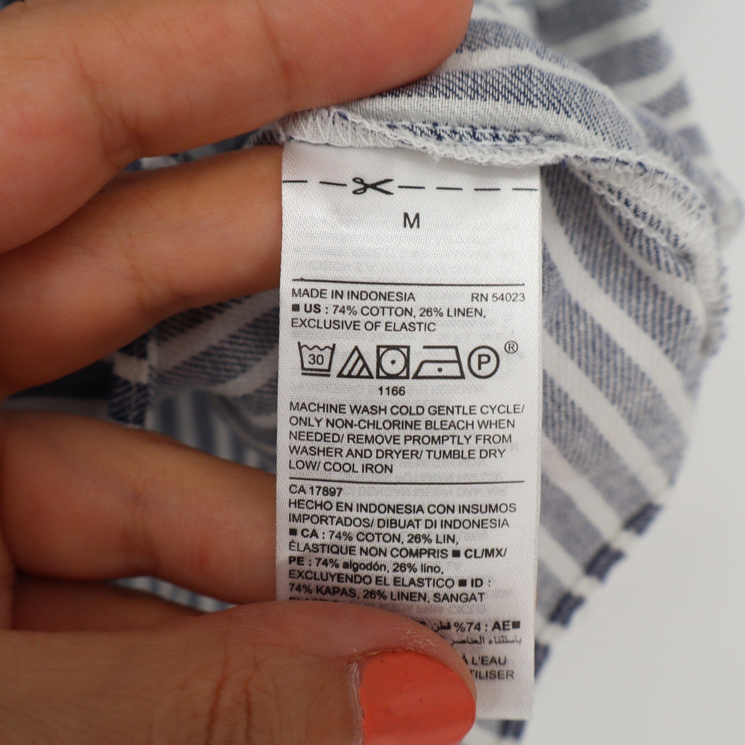 Old Navy Blue White Striped Ruffle Strap Cotton Linen Tank Top Medium Smocked