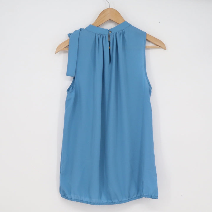 Ann Taylor Factory Blue Sleeveless Tie Neck Pleated Bubble Hem Blouse Small