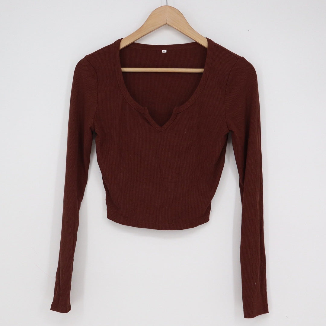 Burgundy Brown Ribbed Long Sleeve Notch Neck Crop Top Size M Slim Fit