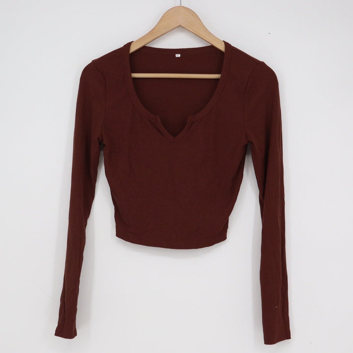 Burgundy Brown Ribbed Long Sleeve Notch Neck Crop Top Size M Slim Fit