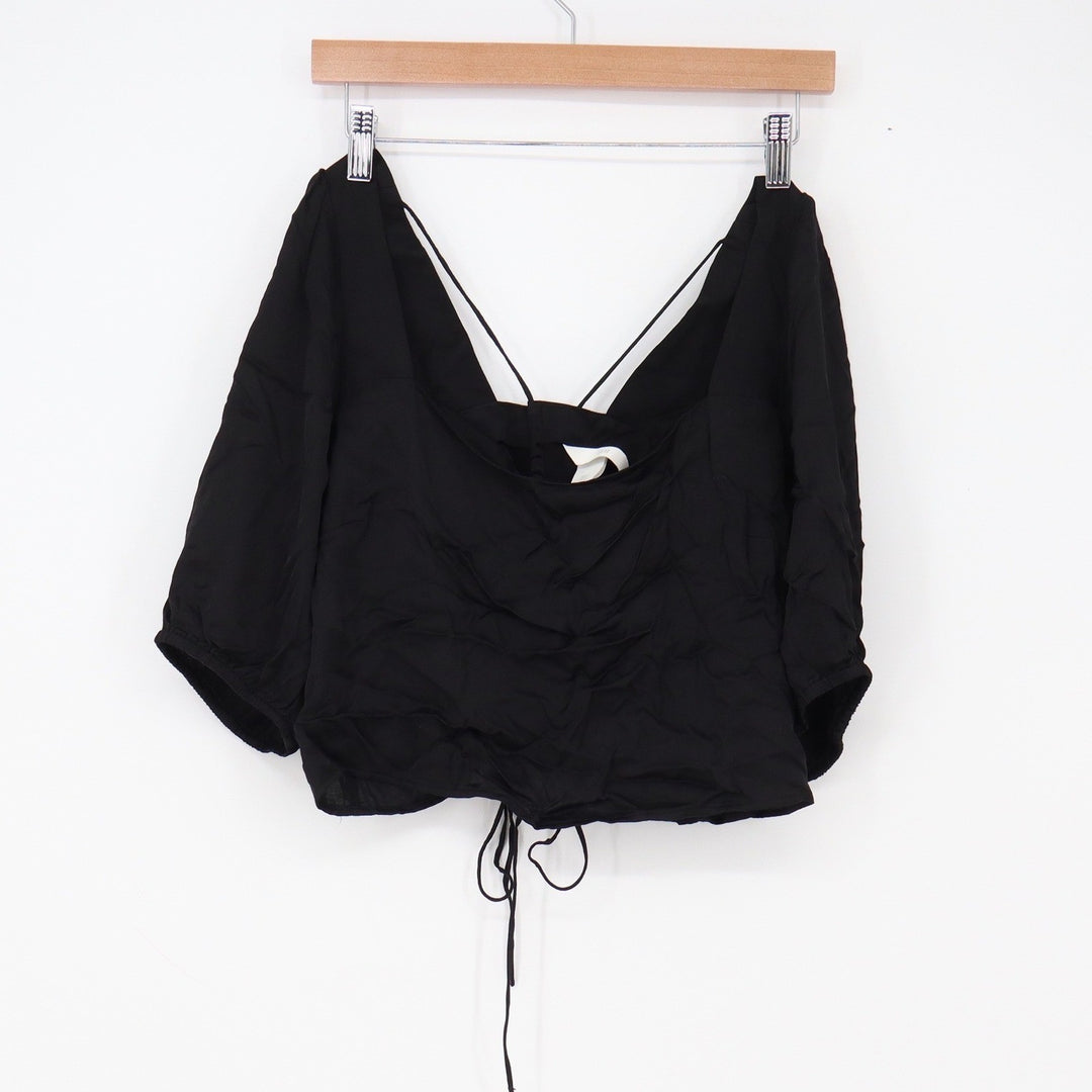 H&M Blouse Womens L Cropped Ruched Puff Sleeve Black Open Back Excellent