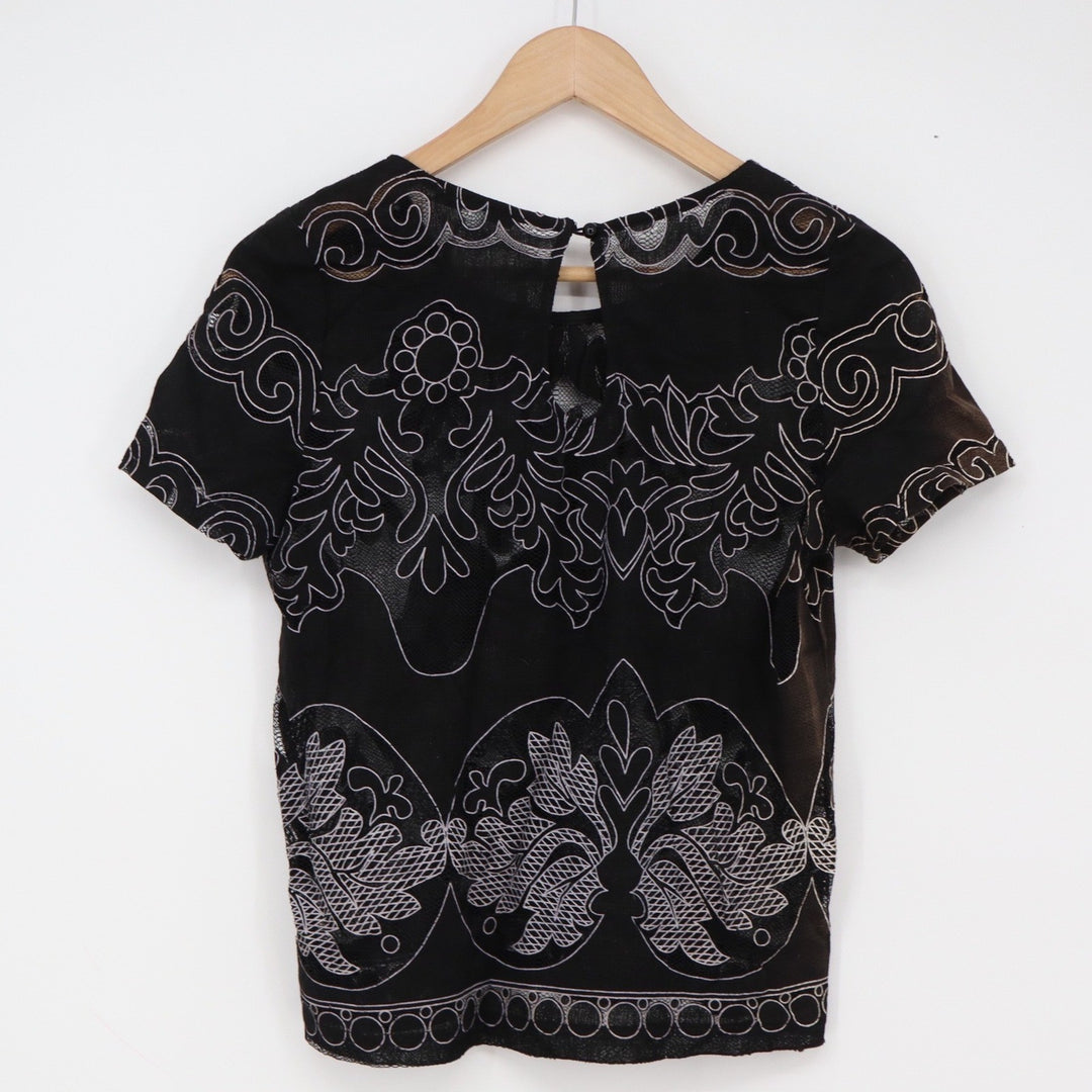 Acemi Top Womens S Y5696 Black Embroidered Lace Mesh Short Sleeve Excellent