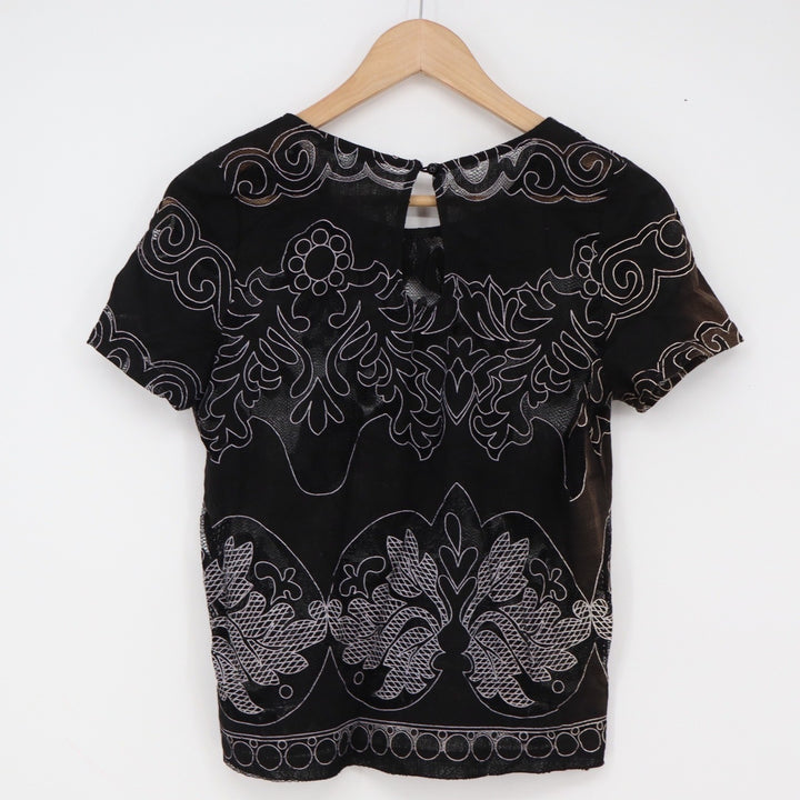 Acemi Top Womens S Y5696 Black Embroidered Lace Mesh Short Sleeve Excellent