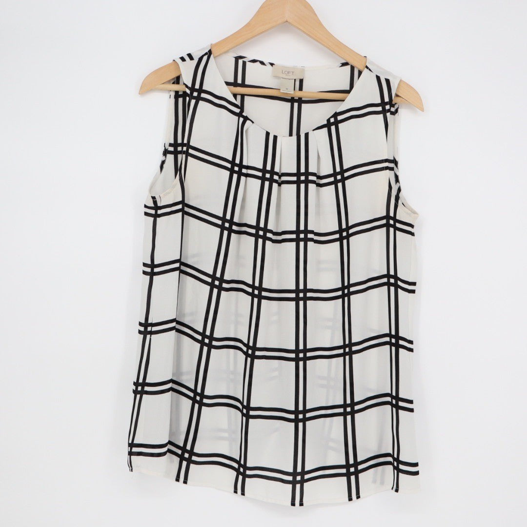 LOFT Outlet White Black Plaid Pleated Sleeveless Shell Top Womens M