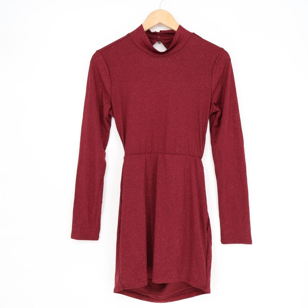 Lucy In The Sky Mini Dress Womens Large Red Back Cut Out Long Sleeve Mock Neck