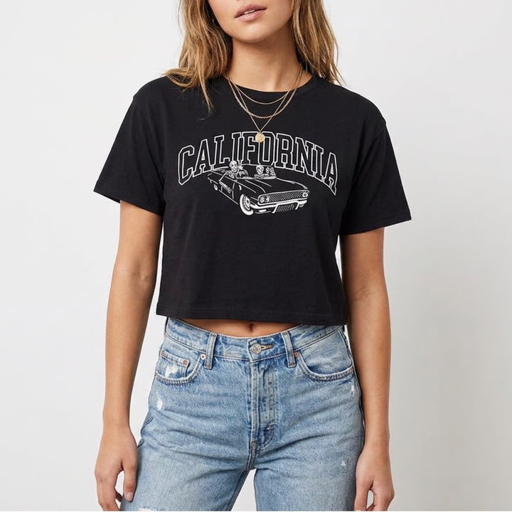 Organic Generation California Skeleton Car Graphic Crop Top Tee Black XS