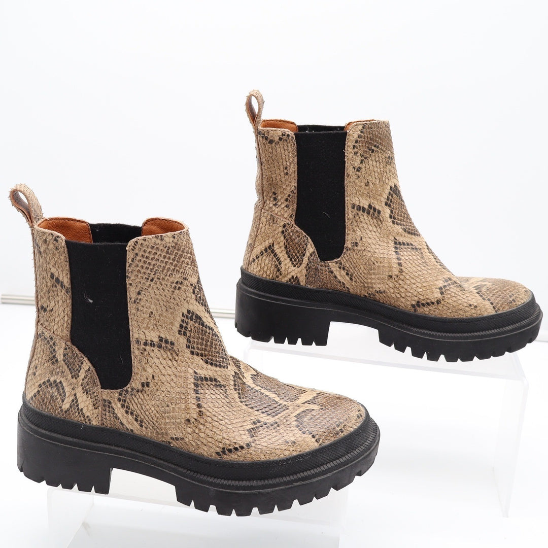 Lucky Brand Emali Snakeskin Leather Lug Sole Chelsea Boots Tan Brown 6.5