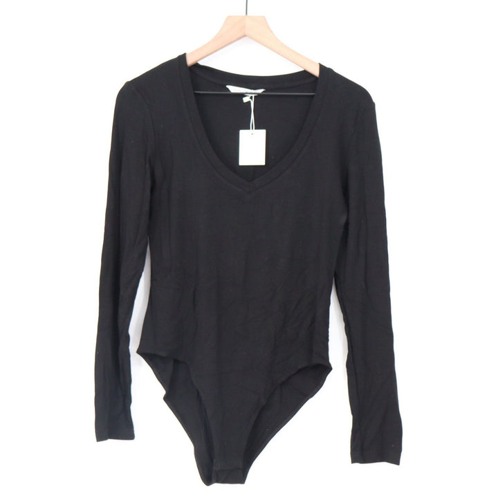 Mangopop Black Ribbed Knit Long Sleeve V-Neck Bodysuit Large
