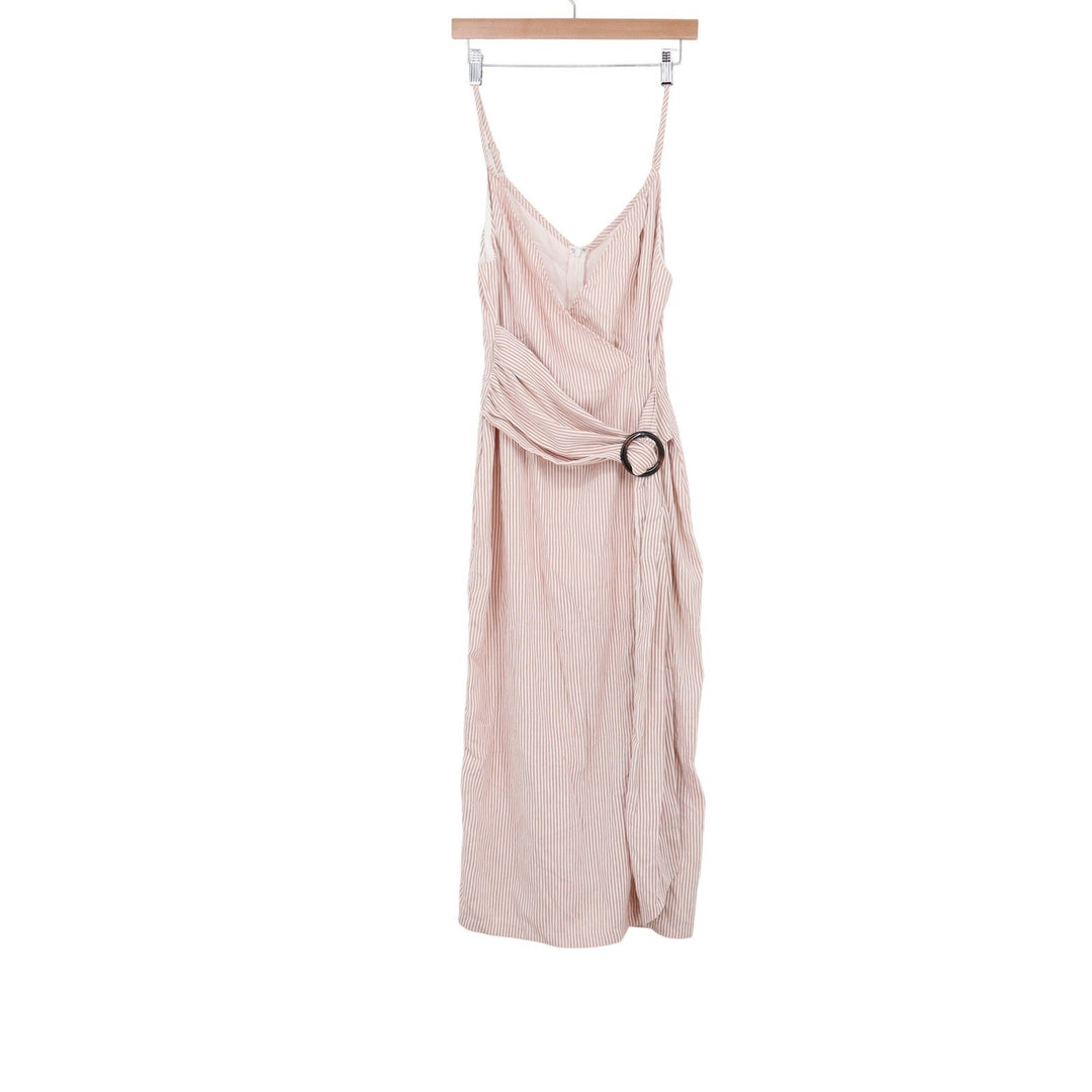 White Closet Pink Pinstripe Wrap Midi Dress Waist Ring Size 10 Australian Design