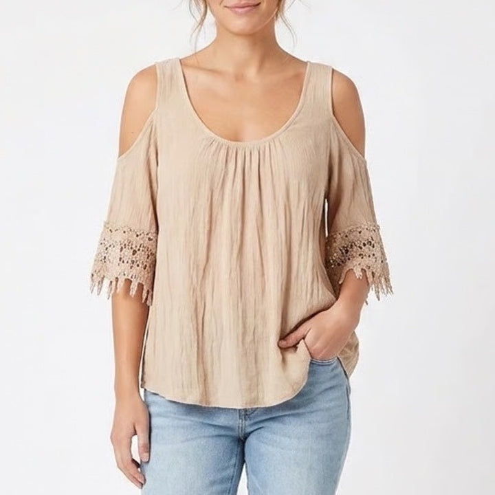 Ambiance Tan Cold Shoulder Crochet Lace Trim Boho Gauze Top Small