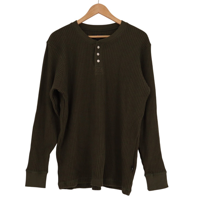 American Giant T Shirt Mens Large Olive Green Stretch Waffle Knit Henley Neck