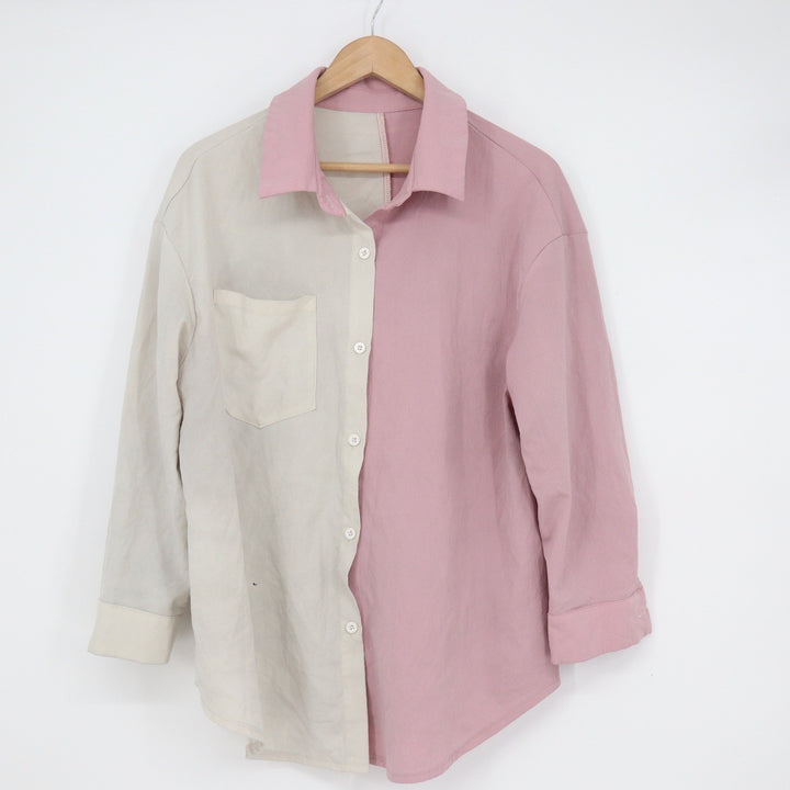 Shein Curve Pink Cream Colorblock Button Down Shirt 1XL Long Sleeve Textured