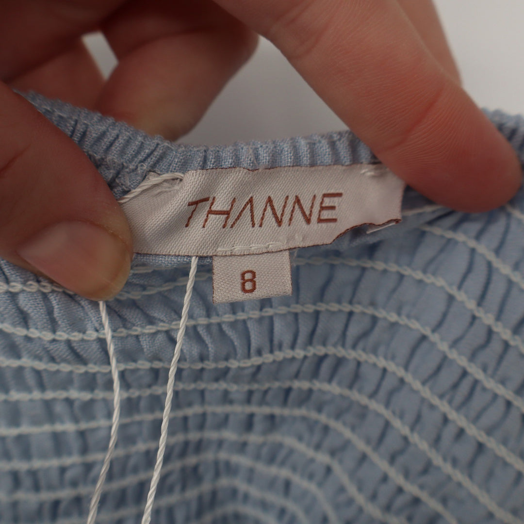 Thanne Light Blue Linen Blend Strapless Smocked Back Mini Dress Womens Size 8