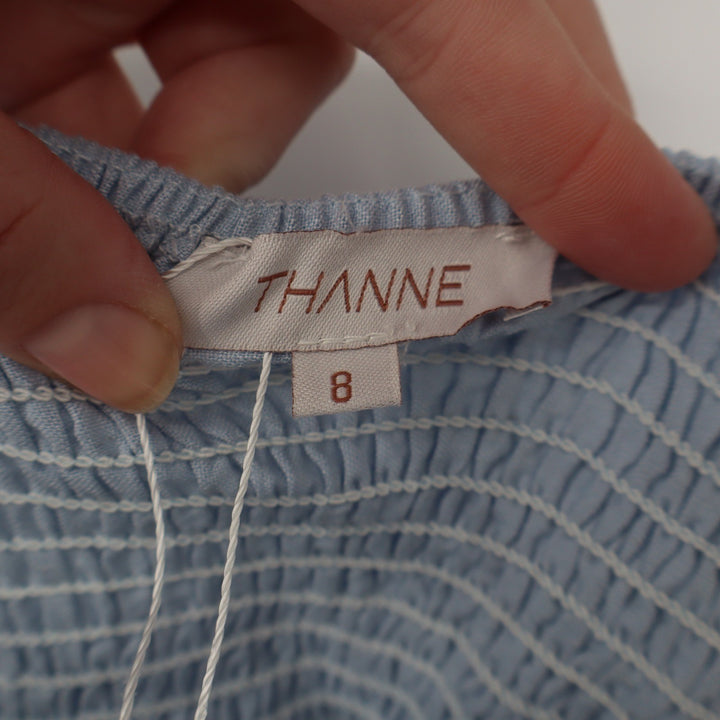 Thanne Light Blue Linen Blend Strapless Smocked Back Mini Dress Womens Size 8