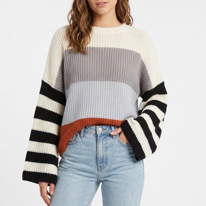 Shop the Mint Sweater Women Large Multi Striped Shaker-Stitch Knit Drop Shoulder