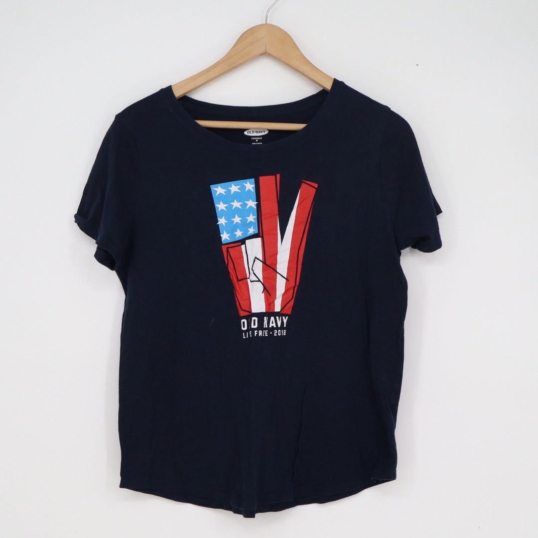 Old Navy Everywear Womens Navy Blue American Flag Peace Sign Graphic Tee