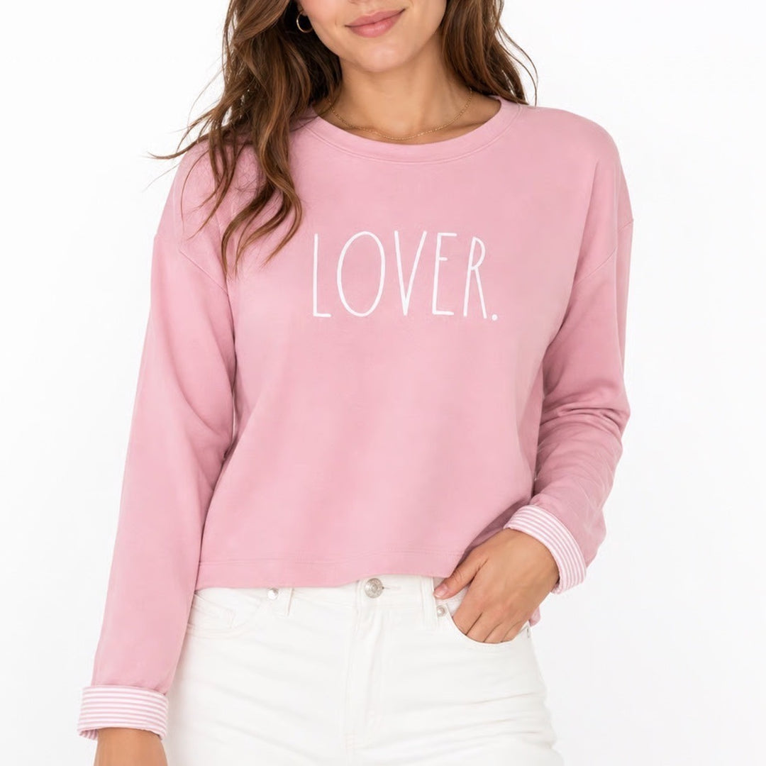 Rae Dunn Lover Pink Graphic Sweatshirt Womens Small Striped Trim Pullover