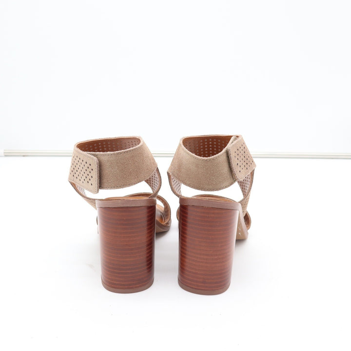 Franco Sarto Delores Tan Perforated Suede Block Heel Sandals Womens 8.5M