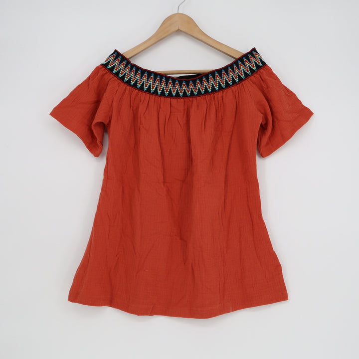 Boho Burnt Orange Off Shoulder Embroidered Gauze Blouse
