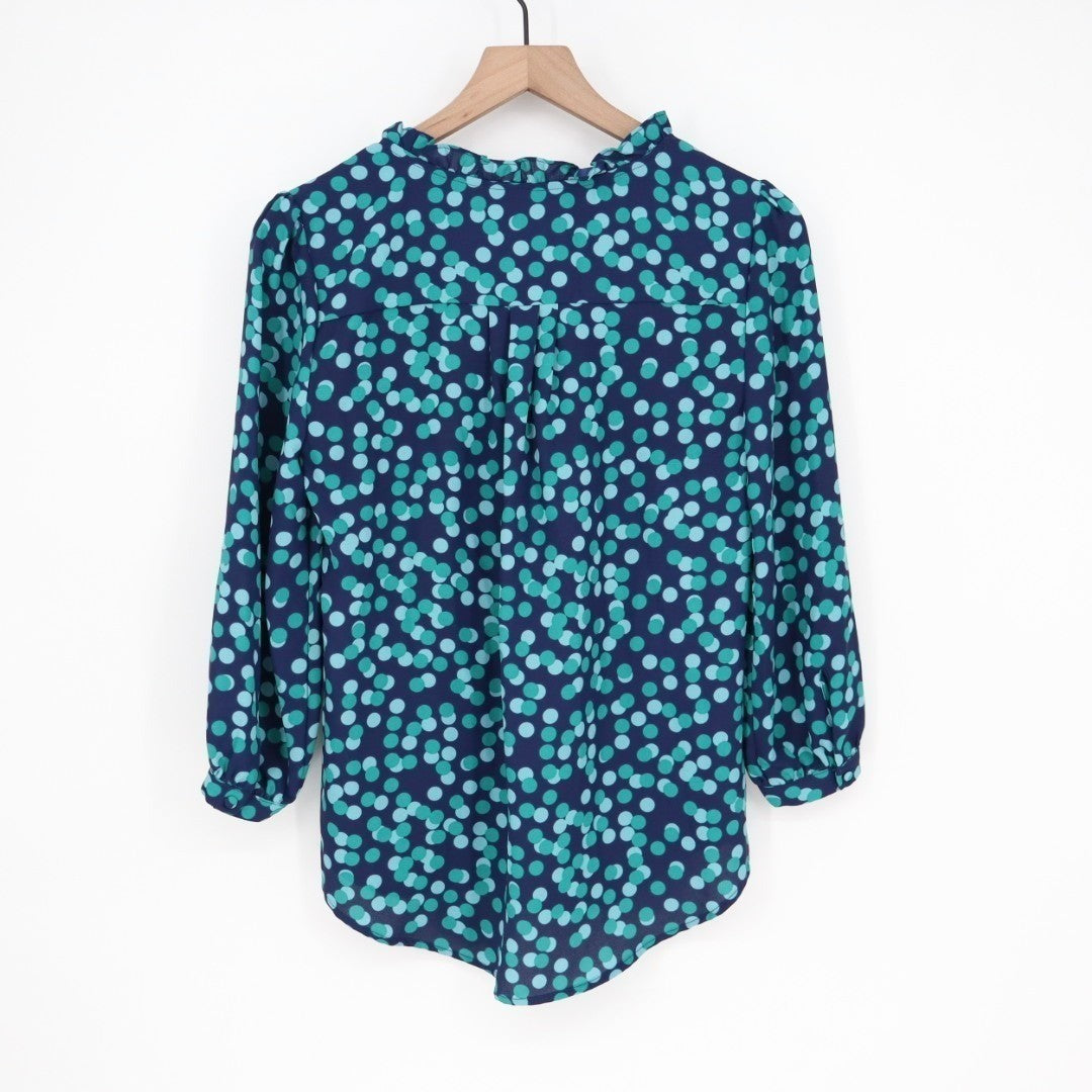 41 Hawthorn Tunic Blouse Womens S Navy Polka Dot Split Neck Tiff Ruffle Detail