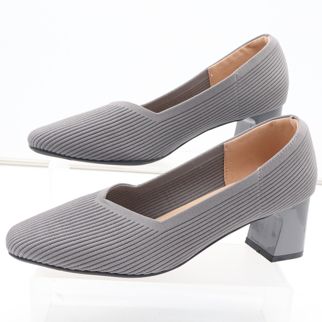 Gray Ribbed Knit Block Heel Pumps Square Toe Cushioned Insole Size 41