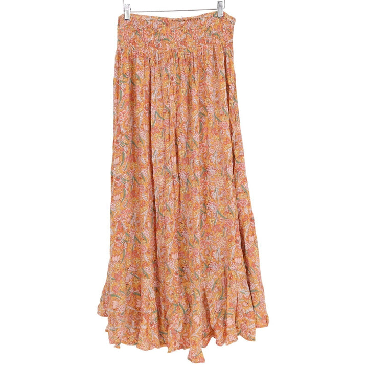 Rachel Zoe Maxi Skirt Womens XL Orange Floral Pleated Smocked Waist Button Front